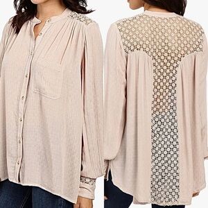 Free People The Best Blouse Lace Insert Embellished Blouse  Mocha M